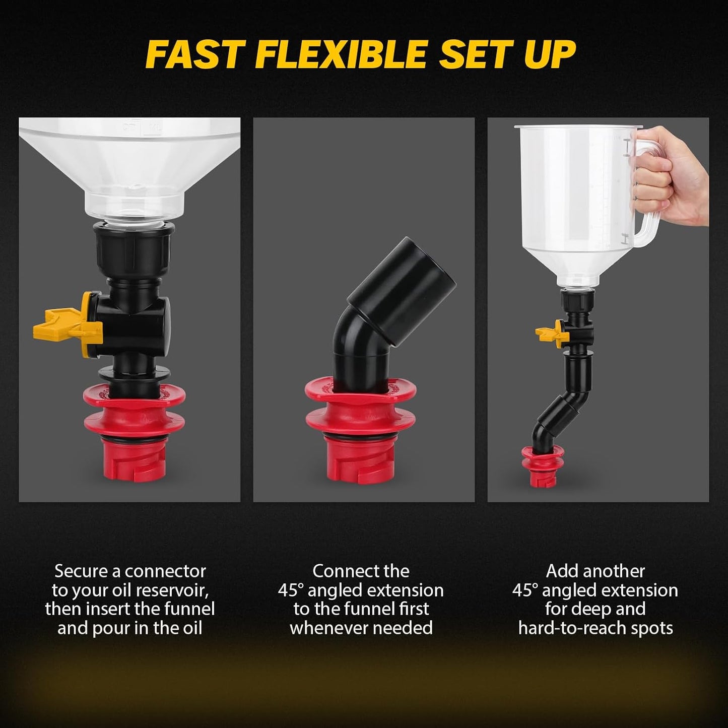 18-Piece No Spill Engine Oil Funnel Kit, 1.59QT/ 1.5L Automotive Coolant Funnel Set, 12 Adapters, Elbow Fitting, Arrow Screen & Magnetic Tray, Compatible with GM, Ford, BMW, Audi, Land Rover Etc