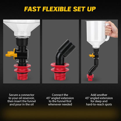 18-Piece No Spill Engine Oil Funnel Kit, 1.59QT/ 1.5L Automotive Coolant Funnel Set, 12 Adapters, Elbow Fitting, Arrow Screen & Magnetic Tray, Compatible with GM, Ford, BMW, Audi, Land Rover Etc