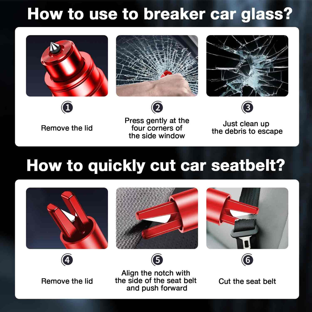 MOTORBUDDY 4-Pack Emergency Escape Hammer Seat Belt Cutter,Auto Car Safety Hammer with Window Glass Breaker，Escape Tool for Car Accidents
