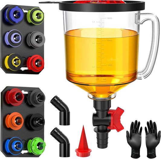 19-Piece No Spill Engine Oil Funnel Kit | 1.6QT Oil Change Kit w/ 12 Adapters, 2 Magnetic Trays, 45° Elbows, Arrow Filter & Gloves | Transparent Body w/Scale & Shut-Off Valve | Universal Fit