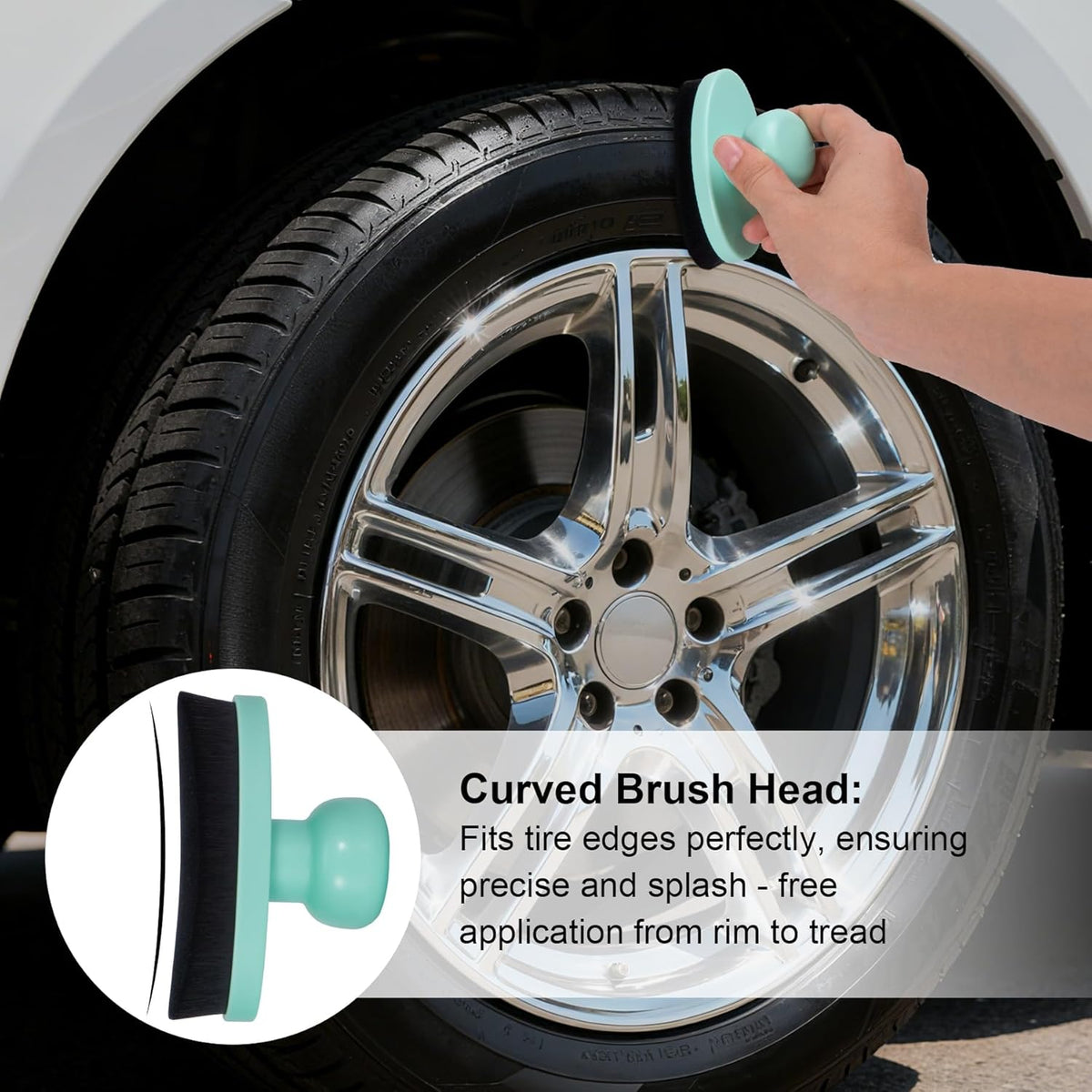 Yoseng Tire Shine Brush - Curved Brush Head & Large 3.8'' Tire Dressing Applicator with Storage Stand for Automotive Detailing, Car Enthusiasts, DIY Users (Vegan, Washable, Black)