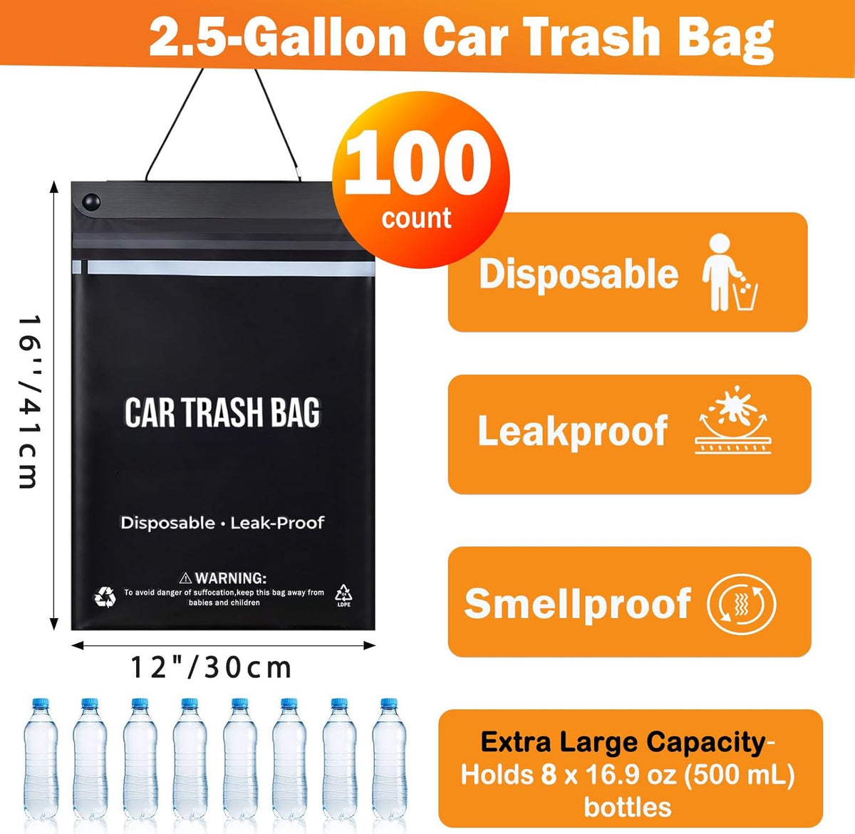 50 Count Recycled Disposable Car Trash Bags - 2.5 Gallon Heavy Duty Alternative to Bulky Car Trash Can & Car Garbage Can, Leakproof Smellproof Hanging & Stick-On Garbage Bag for Car, SUV, Truck