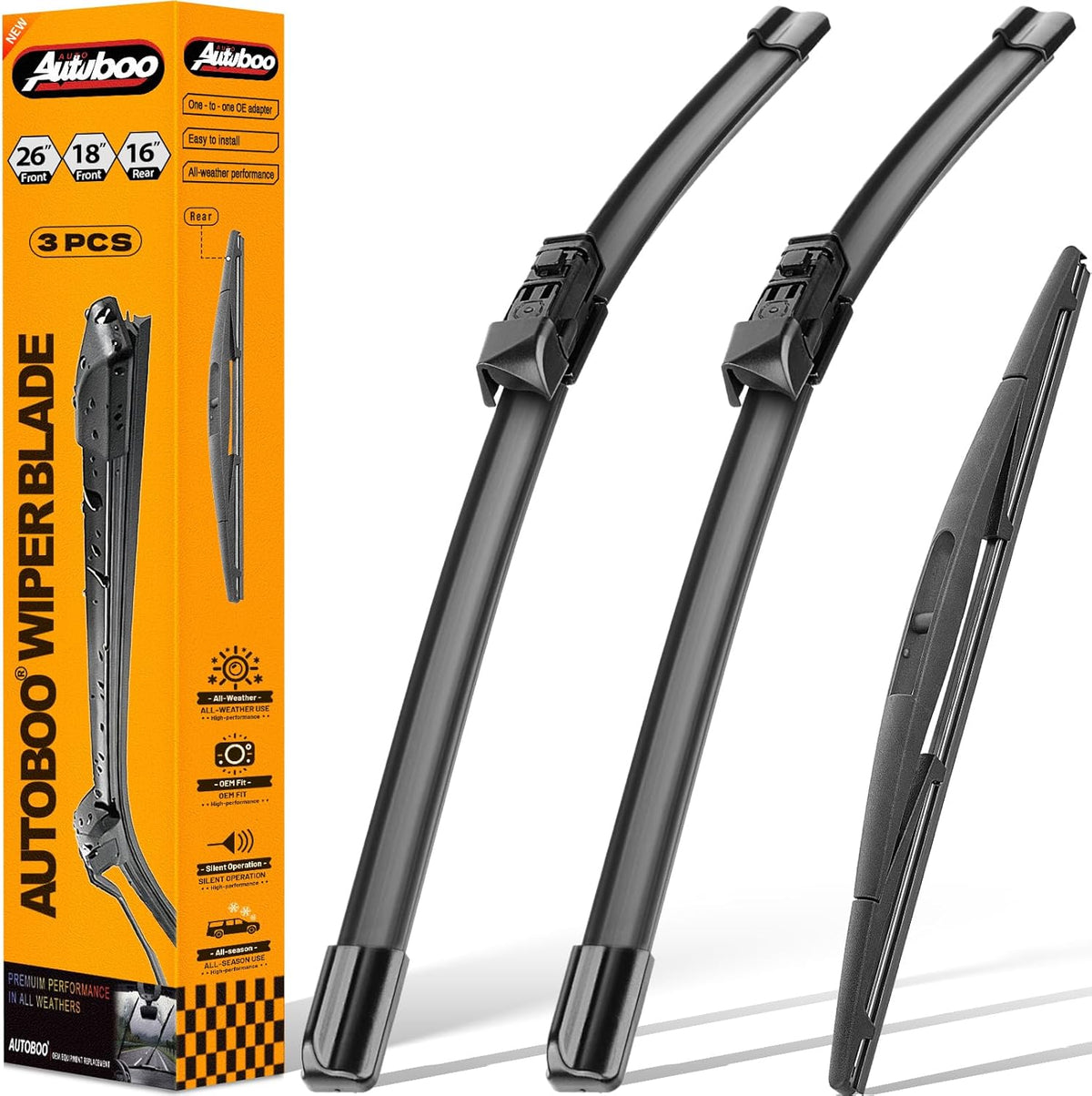 AUTOBOO 3-Pack Windshield Wiper Blades for Subaru Outback 2020-2025, Original Equipment Replacement 26"+18" Front and 16" Rear, All-Weather Performance, Easy One-Click Install