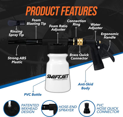 SwiftJet Car Wash Foam Gun + Microfiber Wash Mitt - Foam Cannon Works with Any Soap - Garden Hose Car Foam Sprayer - Car Wash Kit - Car Accessories Foam Blaster (Orange Foam Gun with Mitt)