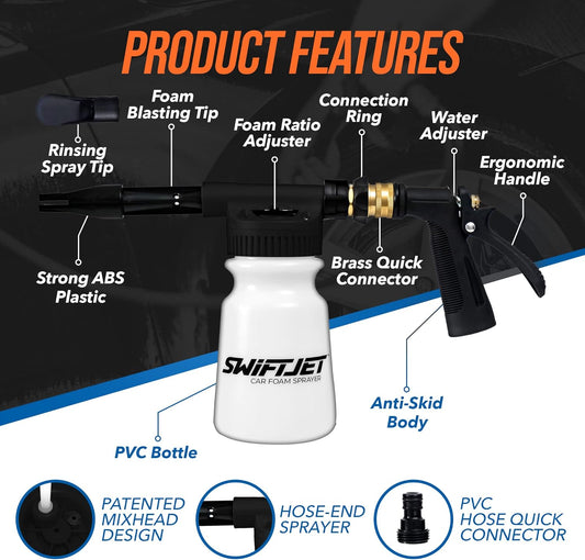 SwiftJet Car Wash Foam Gun + Microfiber Wash Mitt - Foam Cannon Works with Any Soap - Garden Hose Car Foam Sprayer - Car Wash Kit - Car Accessories Foam Blaster (Orange Foam Gun with Mitt)