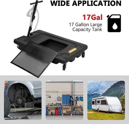 Garvee 20 gal Oil Drain Pan Oil Drain Tank, 76 L Low Profile Oil Drain Pan, Large Capacity Oil Change Pan with Manual Pump & T Foldable Hand and Wheels, 8 ft Hose Oil Drain Cart for Car, SUV, Trucks