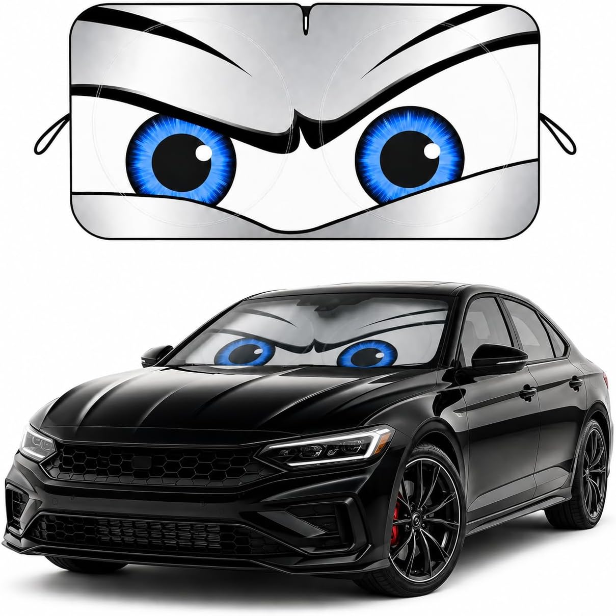 Car Windshield Sun Shade, Funny Cartoon Eyes Sun Visor for Car Windshield Universal Fits Sedan Compact Car Hatchback SUV, UV Heat Protection - 59 x 27.5