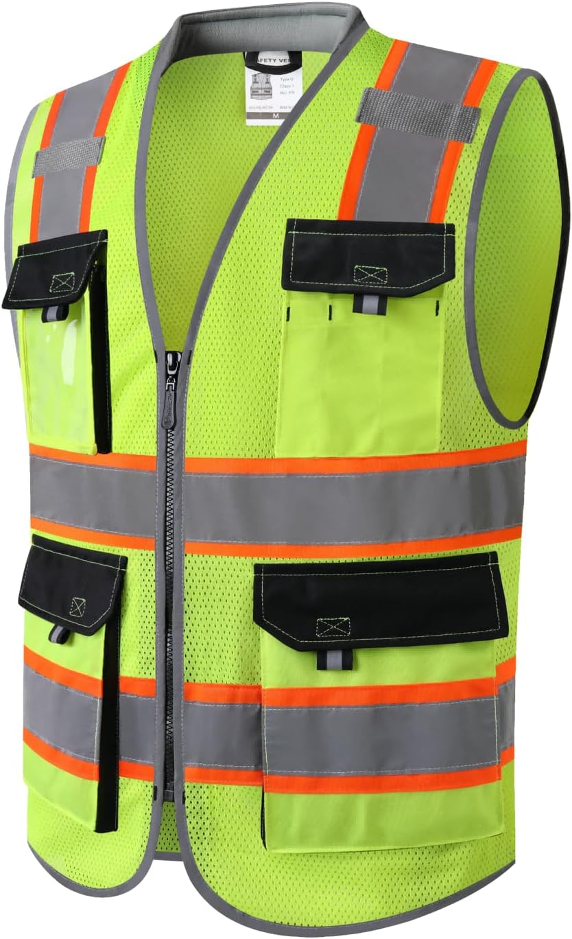 JKSafety Safety Vest for Men Women Hi Vis with Pockets and Cushioned Collar Construction Vest Meet ANSI Standard (BX360)