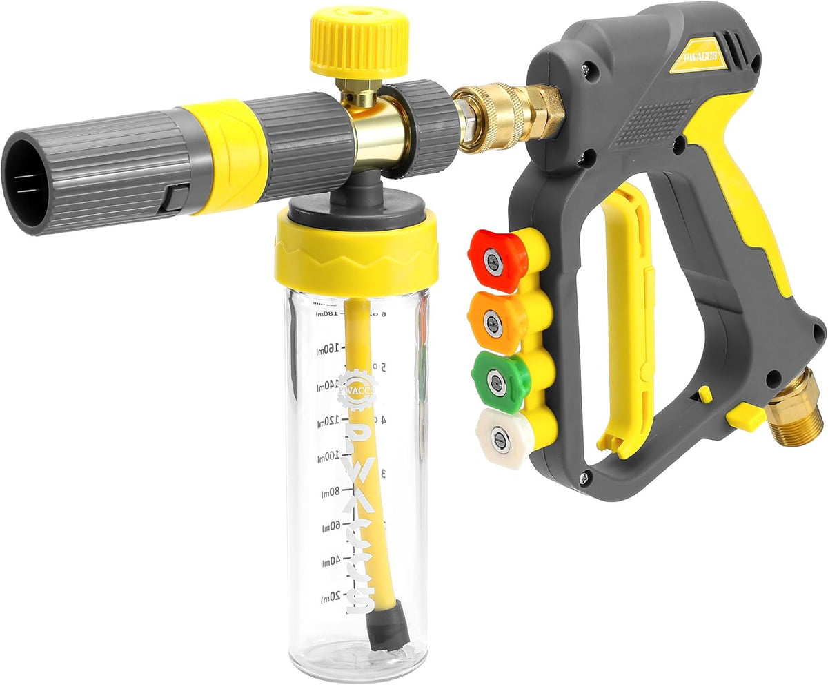 PWACCS Pressure Washer Foam Gun, Short Pressure Washer Gun, Foam Cannon for Car Wash Kit with 1/4" Quick Connector, Pressure Wash Handle for Power Washer with M22 Male Inlet, 4000 PSI, 1.5 Liter