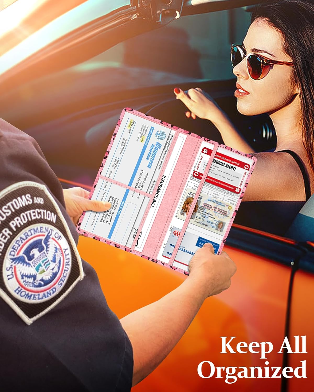 Slohif Car Registration and Insurance Card Holder with Magnetic Shut - Vehicle Glove Box Organizer Women Leather Automobile License Holders Coasters Auto Accessories Case for Document,Strawberry