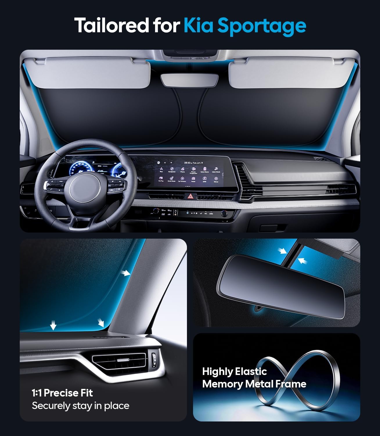 Wigoo Tesla New Model Y Accessories Windshield Sunshade [OEM Design, 100% Sun Blockage] Foldable Heat Insulation Sunshade with Storage Bag, for Model Y 2020~2026 (Juniper), Silver Coating - Colors A
