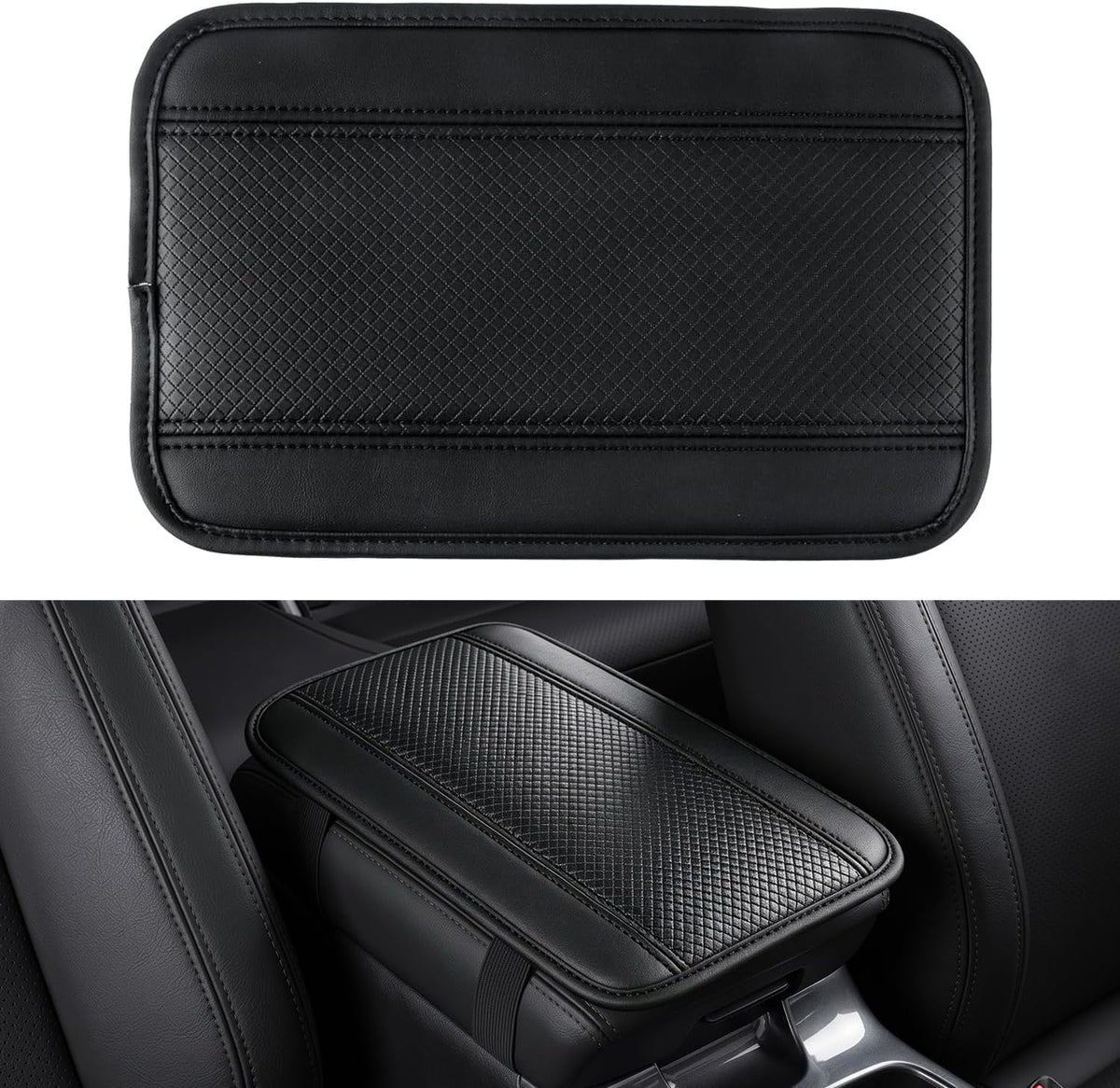 Amiss Car Center Console Cover, Upgraded Leather Car Armrest Cushion with 2 Storage Pockets, Universal Waterproof Cushion Pad, Non-Slip Car Interior Accessories, Fits Most Sedans SUVs Trucks (Black)