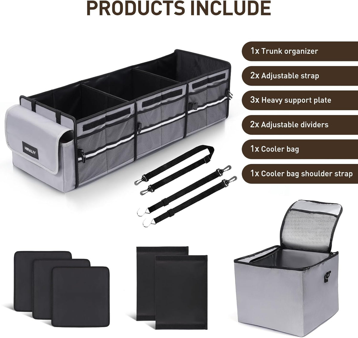 HIRALIY 4 in 1 Car Trunk Storage Organizer with Leakproof Cooler Bag, Multi-Compartment Foldable Trunk Storage Box for Car Truck SUV Black