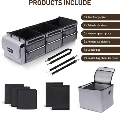 HIRALIY 4 in 1 Car Trunk Storage Organizer with Leakproof Cooler Bag, Multi-Compartment Foldable Trunk Storage Box for Car Truck SUV Black