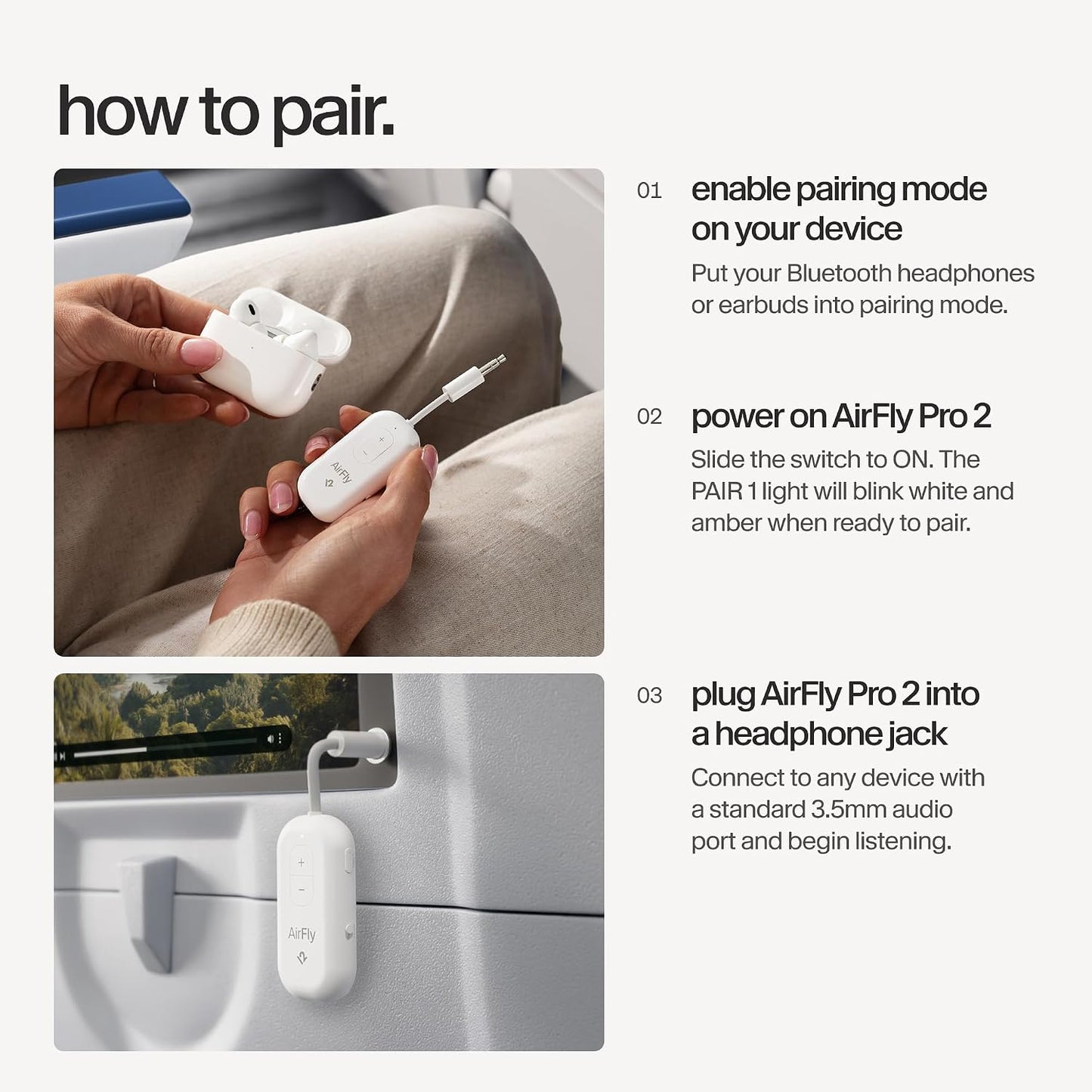 AirFly Pro 2 Deluxe – Bluetooth Adapter for Airplane, Pair 2 AirPods or Wireless Headphones – 3.5mm AUX Bluetooth Transmitter/Receiver for Cars, Boats, Treadmills, TVs – Airplane Travel Essentials