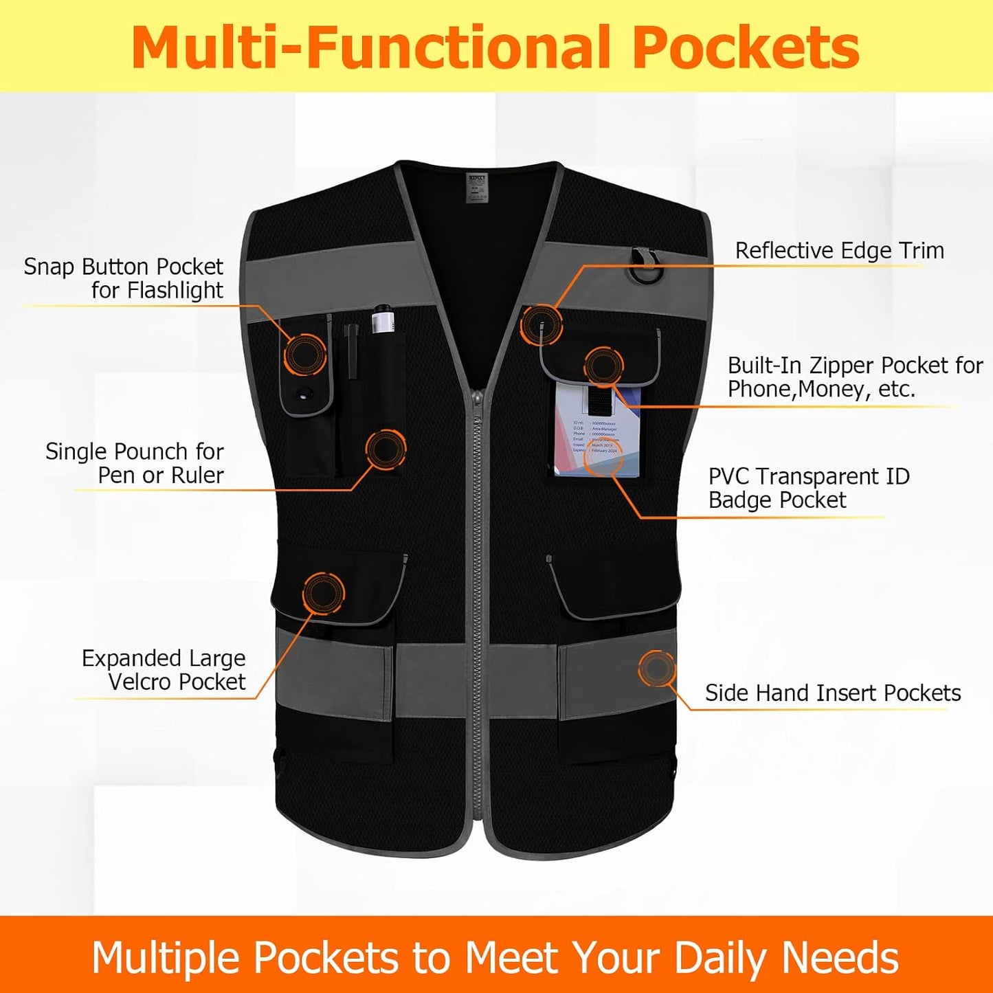 TCCFCCT Safety Vest for Men Women 9 Pockets High Visibility Vest for Safety, Reflective Work Vest with Reflective Strips, Meets ANSI/ISEA Standards, (Yellow, Large)
