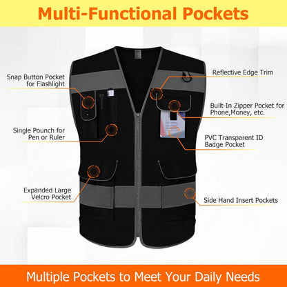 TCCFCCT Safety Vest for Men Women 9 Pockets High Visibility Vest for Safety, Reflective Work Vest with Reflective Strips, Meets ANSI/ISEA Standards, (Yellow, Large)