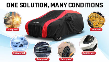 Car Cover Waterproof All Weather Protection with Red Stripe Design, Universal Fit Toyota Camry Solara, Ford Fusion, Kia Stinger Optima, Nissan Maxima, VW Passat, Subaru Legcy