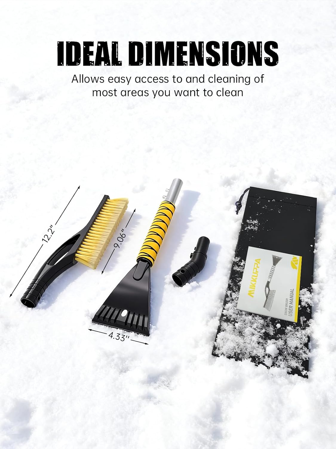 MIKKUPPA 27'' Snow Brush and Ice Scrapers for Car Windshield - Detachable Windshield Scraper, Snow Removal Tool with Curved Connector & Ergonomic Foam Grip for Cars, Trucks, SUVs (Yellow)