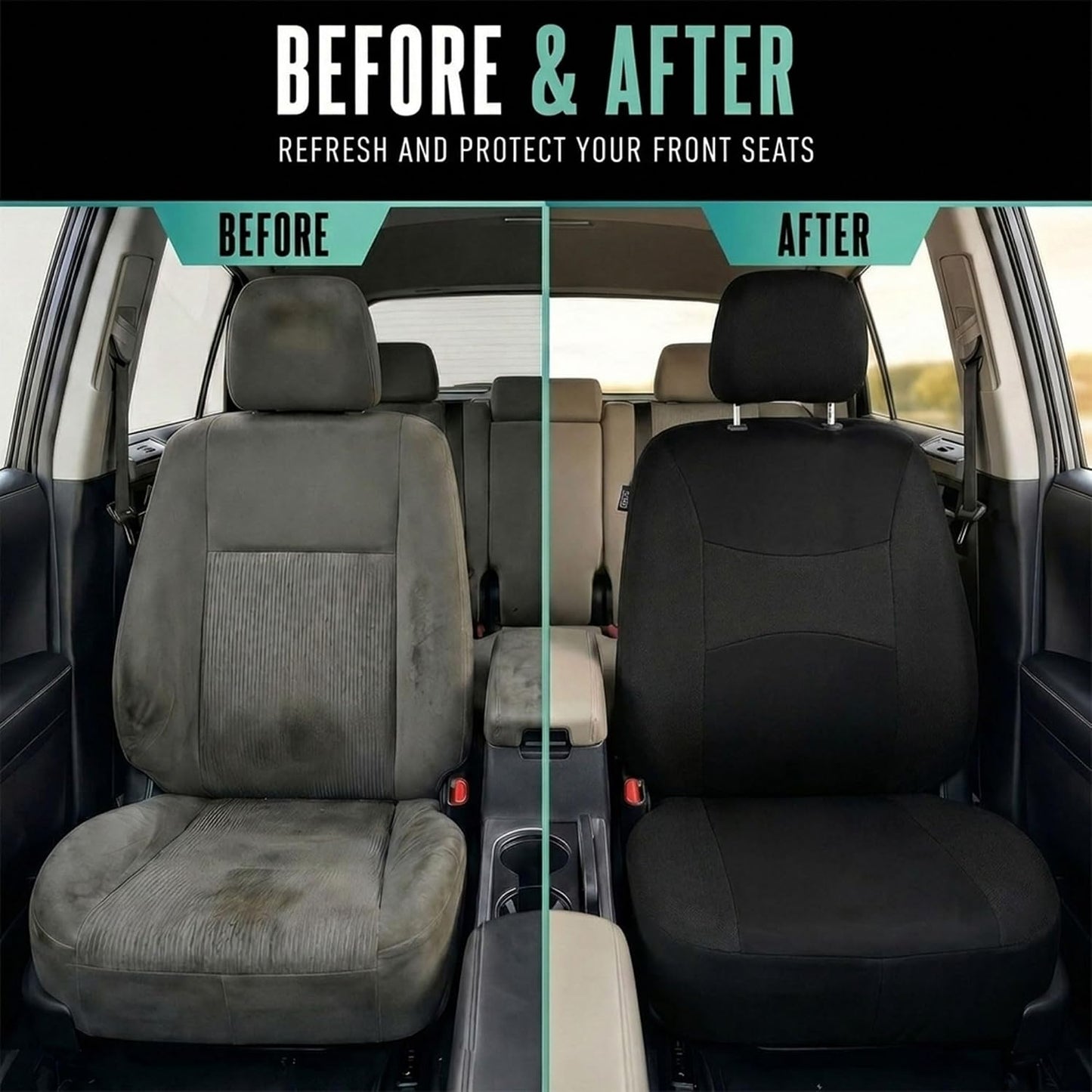 FH Group Full Set Cloth Car Seat Covers, Universal Fit Front and Split Bench Rear, Airbag Compatible, Washable for SUV, Sedan, Van - Black