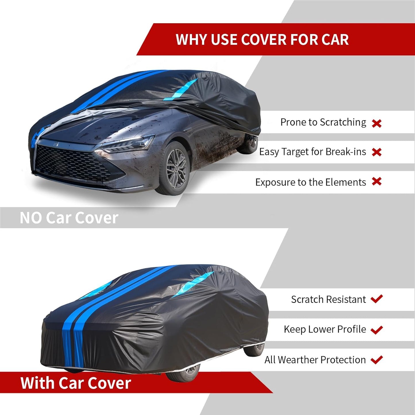 Car Cover Waterproof All Weather,6 Layers Car Covers for Automobiles, Full Exterior Cover with Zipper, Outdoor Car Cover Sun UV Rain Snow Wind Protection, Fit for 185"(185*70*59 inch)Sedan