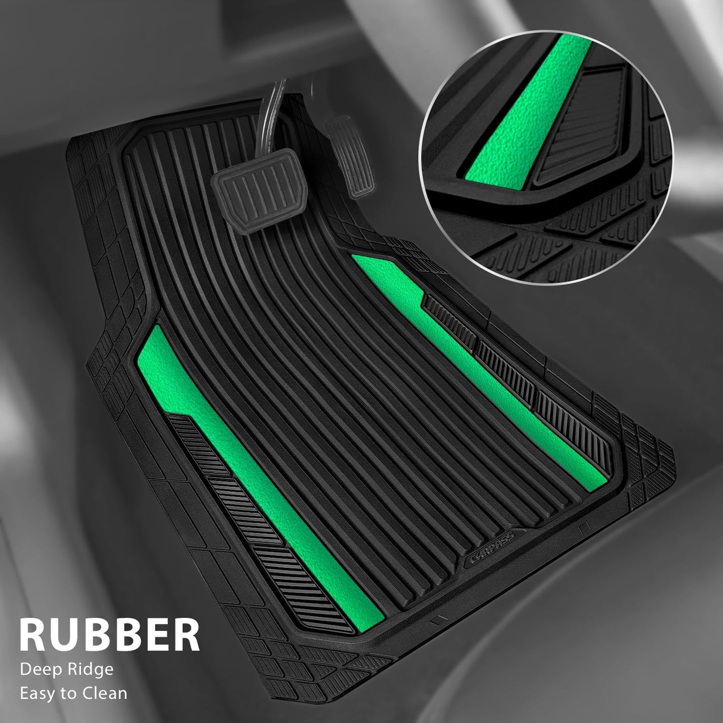 CAR PASS Heavy Duty Rubber Car Mats Metallic, Aluminum Film All Weather Floor Mats Waterproof Universal Trim to Fit Automotive SUV Sedan Van 4 Piece Anodized Deep Dish Two-Tone Sporty Black Red Chrome