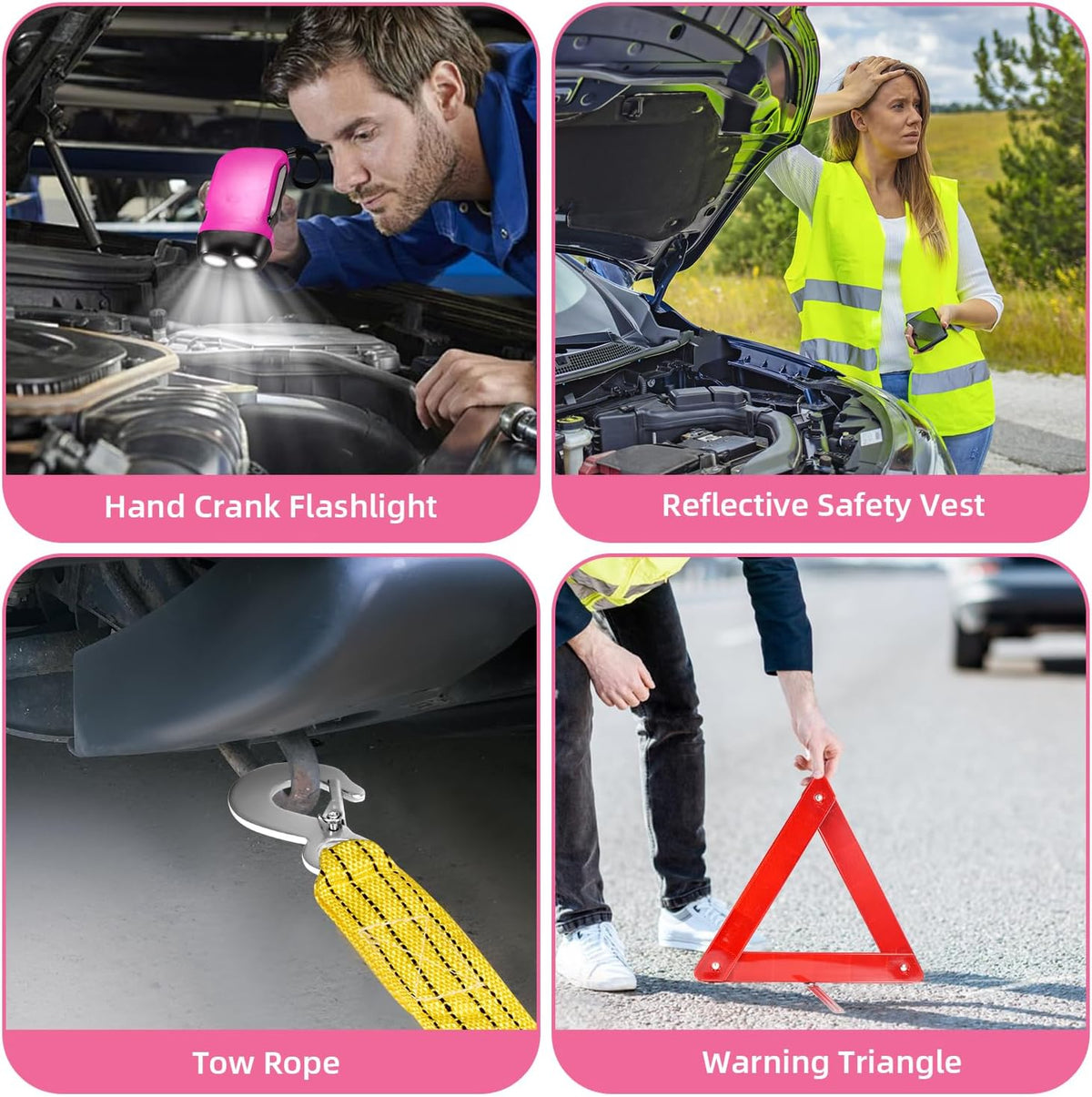 Roadside Car Emergency Kit, Winter Car Safety Kit with 10FT Jumper Cables, Tow Strap, Tool Kit, Reflective Warning Triangle, Road Trip Essentials, for New Drivers, Teens