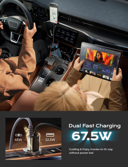AINOPE 67.5W Car Charger USB C Fast Charge, PD 45W USB C Car Charger Fast Charging【Mini & Metal】 Cigarette Lighter Adapter USB-C Type C Car Charger for iPhone 17 16 15 Pro Max, for Samsung S26 S25
