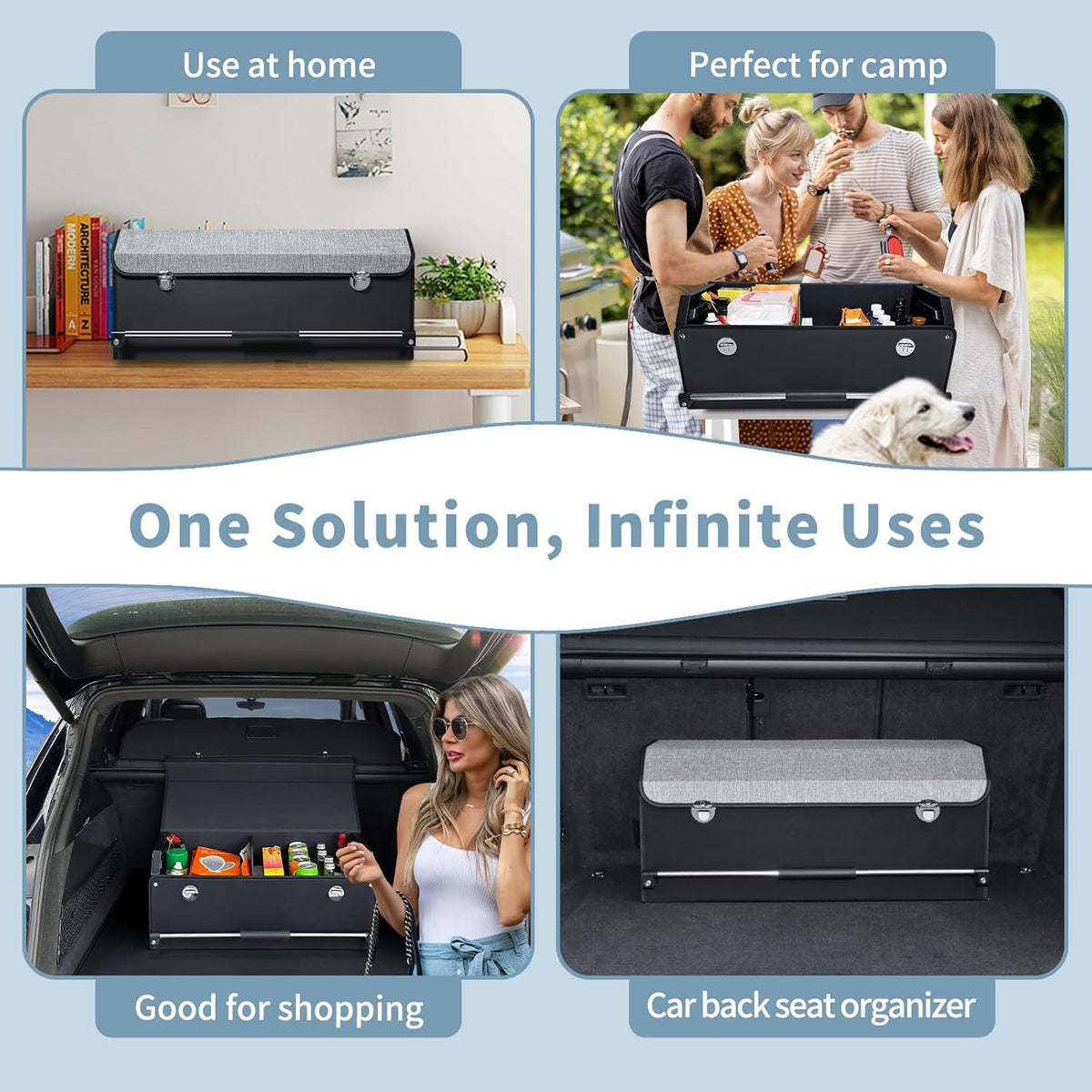 XCF Car Trunk Organizer, Leather Trunk Organizer for SUV with Lid and Sturdy Handle Car Storage Organizer (Black, 20.47 x 11.42 x 12.2in)