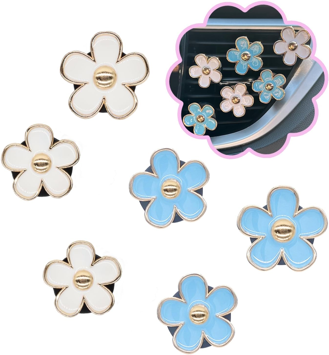 ORIESSE 6pcs Flowers Car Air Freshener Vent Clips Purple White Daisy Air Vent Clip Car Accessories for Women 3.3cm/3cm Flower Vehicle Interior Decor Refillable Diffuser