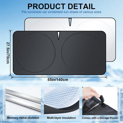 JUSTTOP 300T Car Windshield Sun Shade, Universal Foldable Reflective Sun Shade with Storage Bag, Car Interior Accessories, Fit for Cars Trucks SUVs(63" L x 35" W)