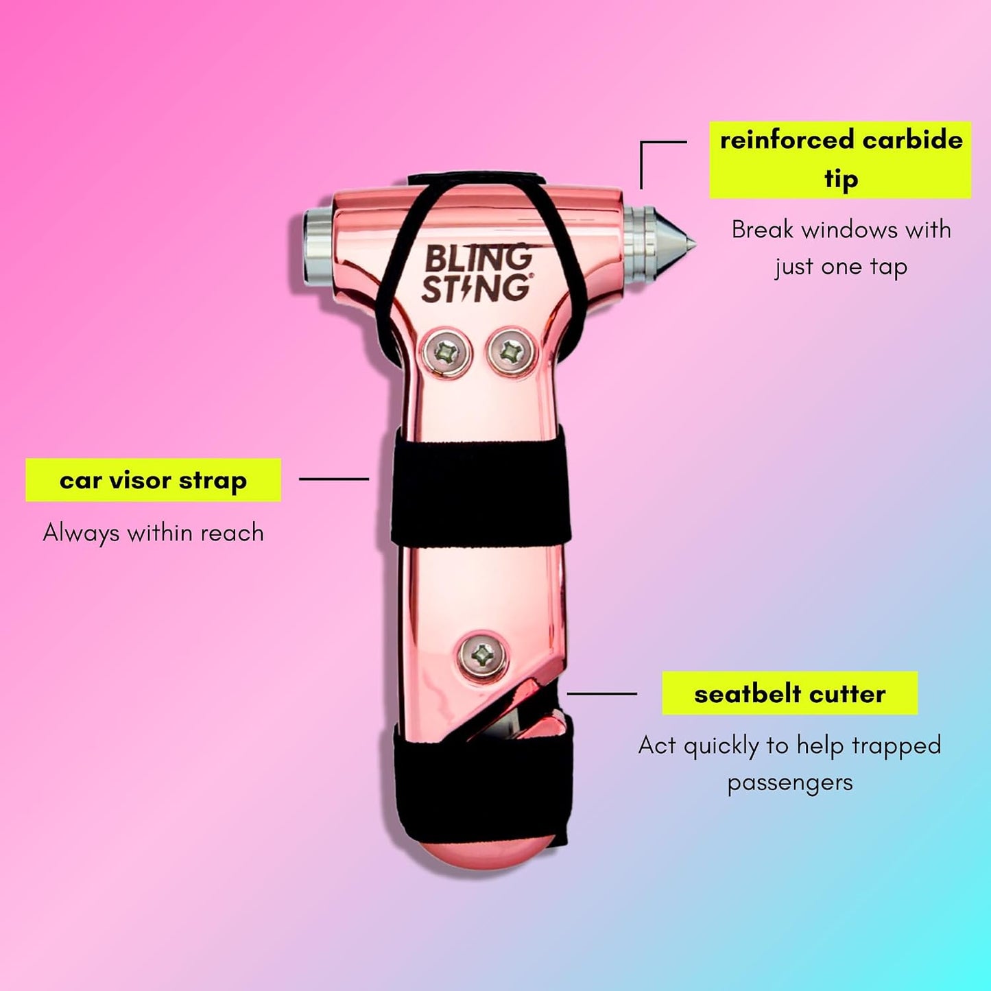 BLINGSTING Safety Hammer - Emergency Automotive Escape Tool with Window Breaker, Seat Belt Cutter & Adjustable Car Visor Strap - Tempered Glass Breaker - Steel Blade - Rose Gold (1 Count)