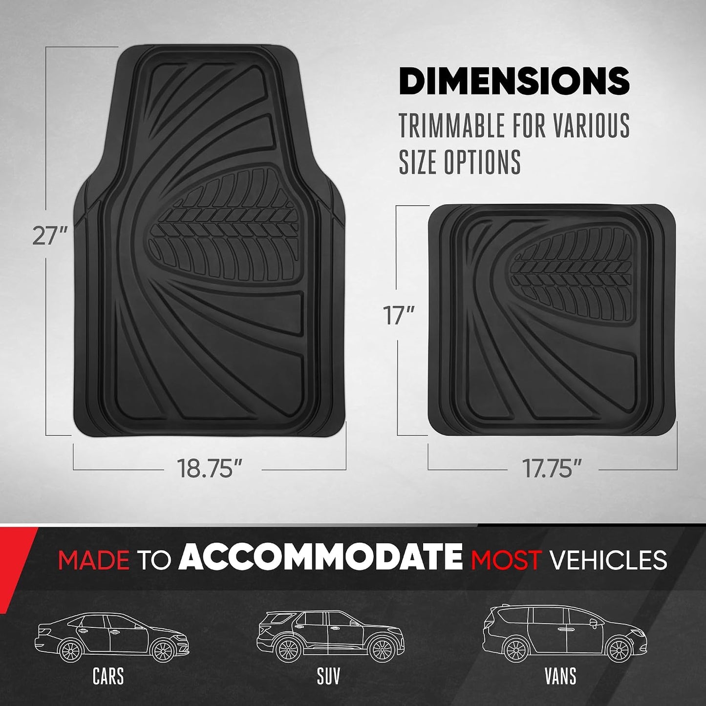 Motor Trend FlexTough Performance All Weather Rubber Car Floor Mats - 3 Piece Floor Mats Automotive Liners for Cars Truck SUV, Heavy-Duty Waterproof (Black)