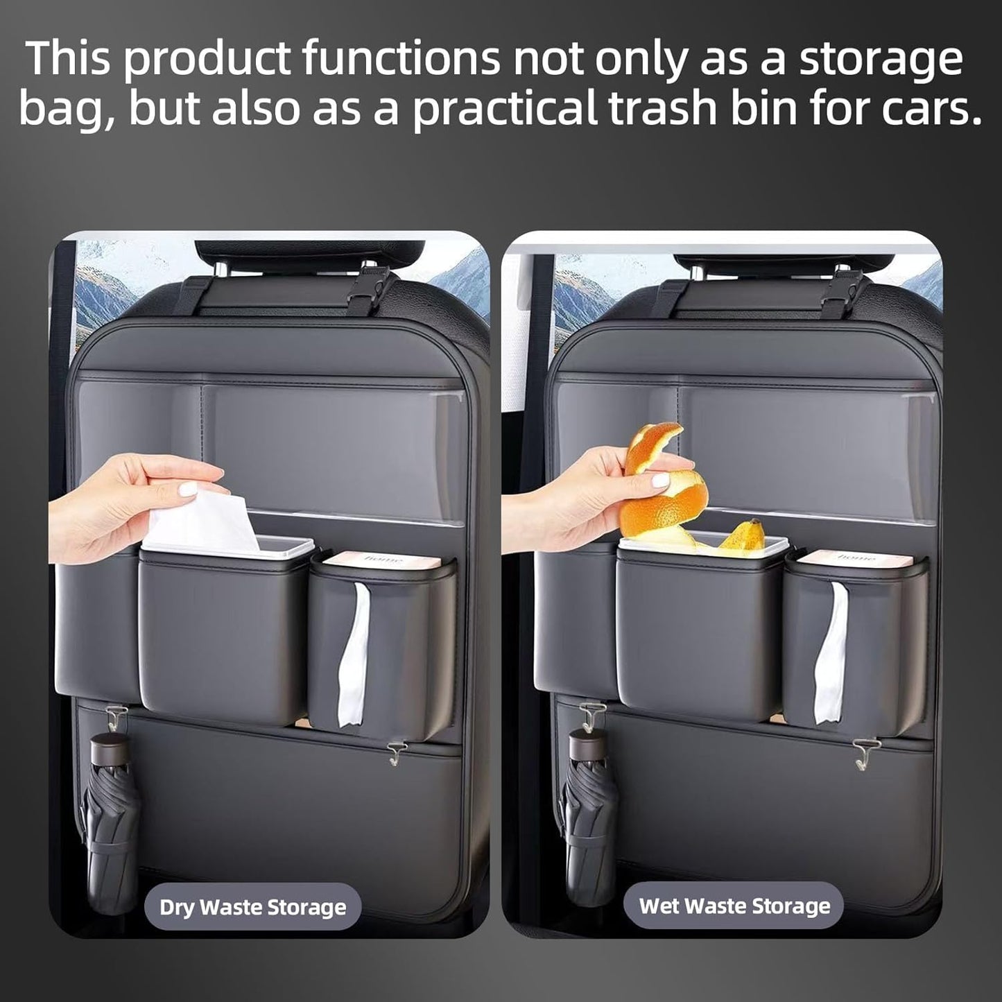 Leather Car Seat Back Organizer, Backseat Kick Mat Protector with Clear Touchscreen Tablet Holder, Cup Holder, Tissue Holder and Storage Pockets, Fits Cars SUVs Minivans, Black
