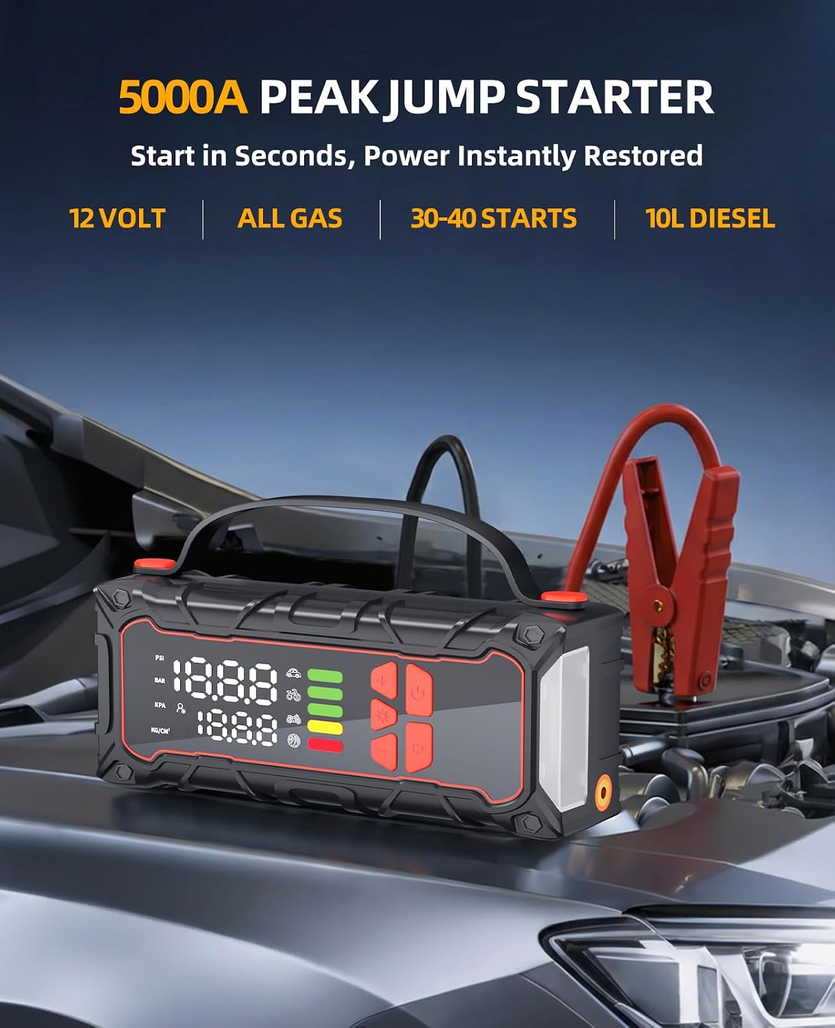 5000A Car Battery Jump Starter with Air Compressor 160PSI, Car Battery Charger 7.0L Gas/6.0L Diesel, Jumper Box for Car Battery with Tire Inflator & Power Bank& Jumper Cables, Father's Day