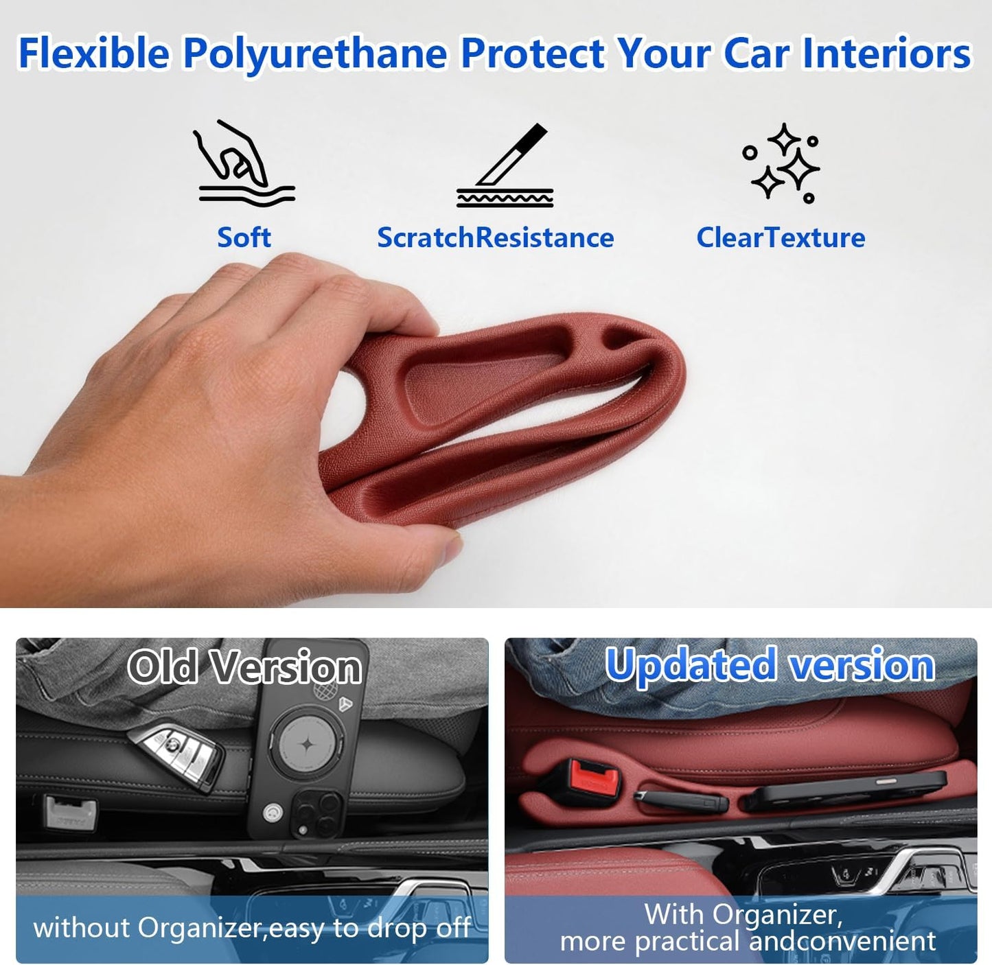 Car Seat Gap Filler Organizer 2Pack,Car Accessories with Safety Hammer,2 in 1 No Drop Seat Guard with Storage Slot for Phone,Keys,Universal Interior Gap Filler for Cars SUV Truck,Red