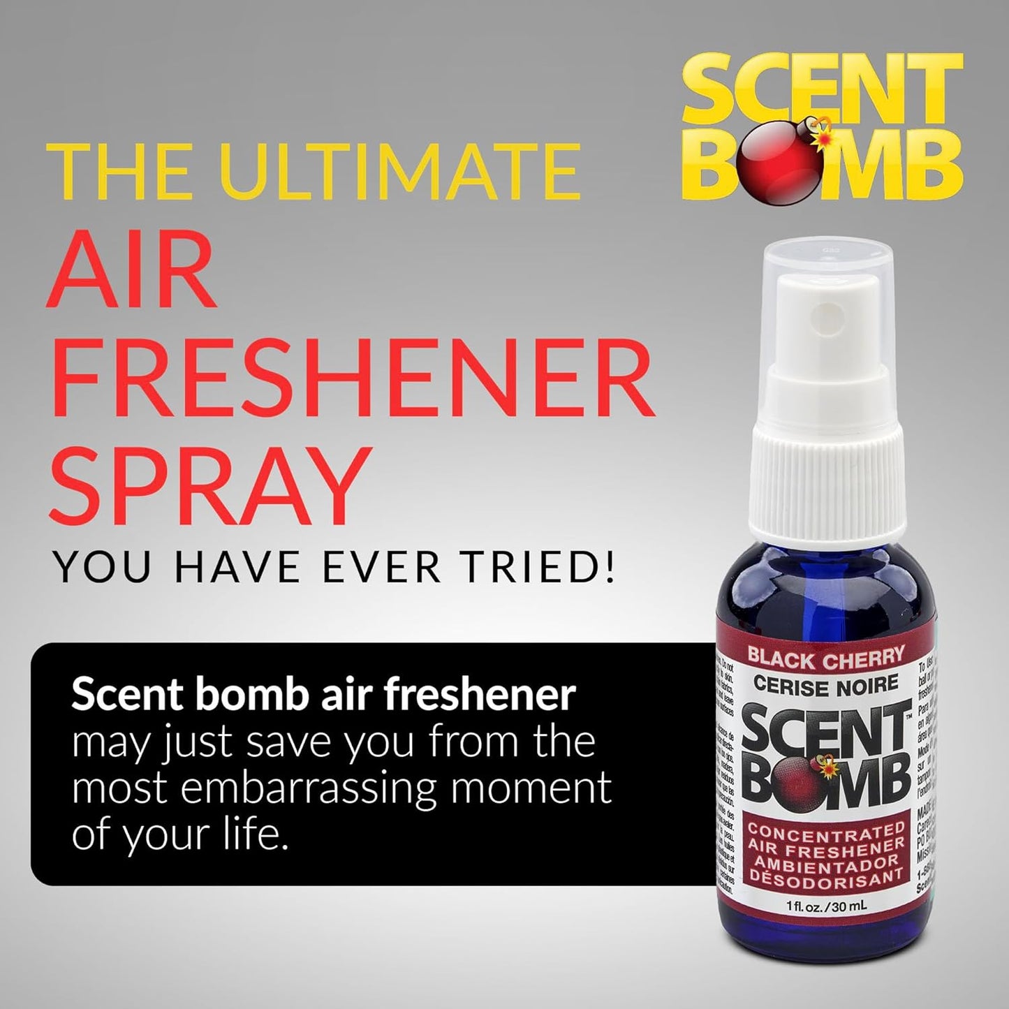 Scent Bomb Air Freshener Spray, Long-Lasting Odor Eliminator - Effective Deodorizer for Home & Car, Fresh Room Spray for Kitchen, Bathroom & Smell Neutralizer - 1 oz Pack of 4, Black Cherry Scent