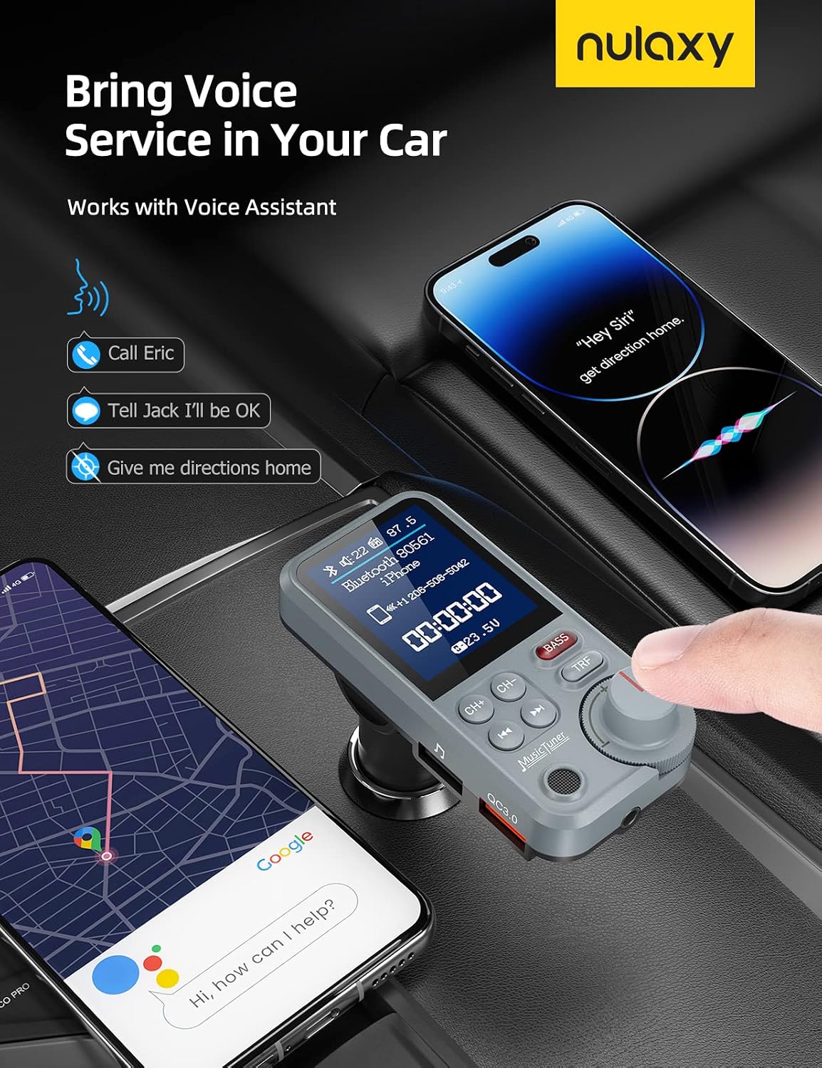 Nulaxy KM30 Bluetooth Car Adapter, FM Transmitter with 1.8" Color Screen, Hands-Free Calling Strong Mic, QC3.0 Fast Charging, Treble & Bass Sound Music Player, Wireless Radio Receiver, AUX TF USB
