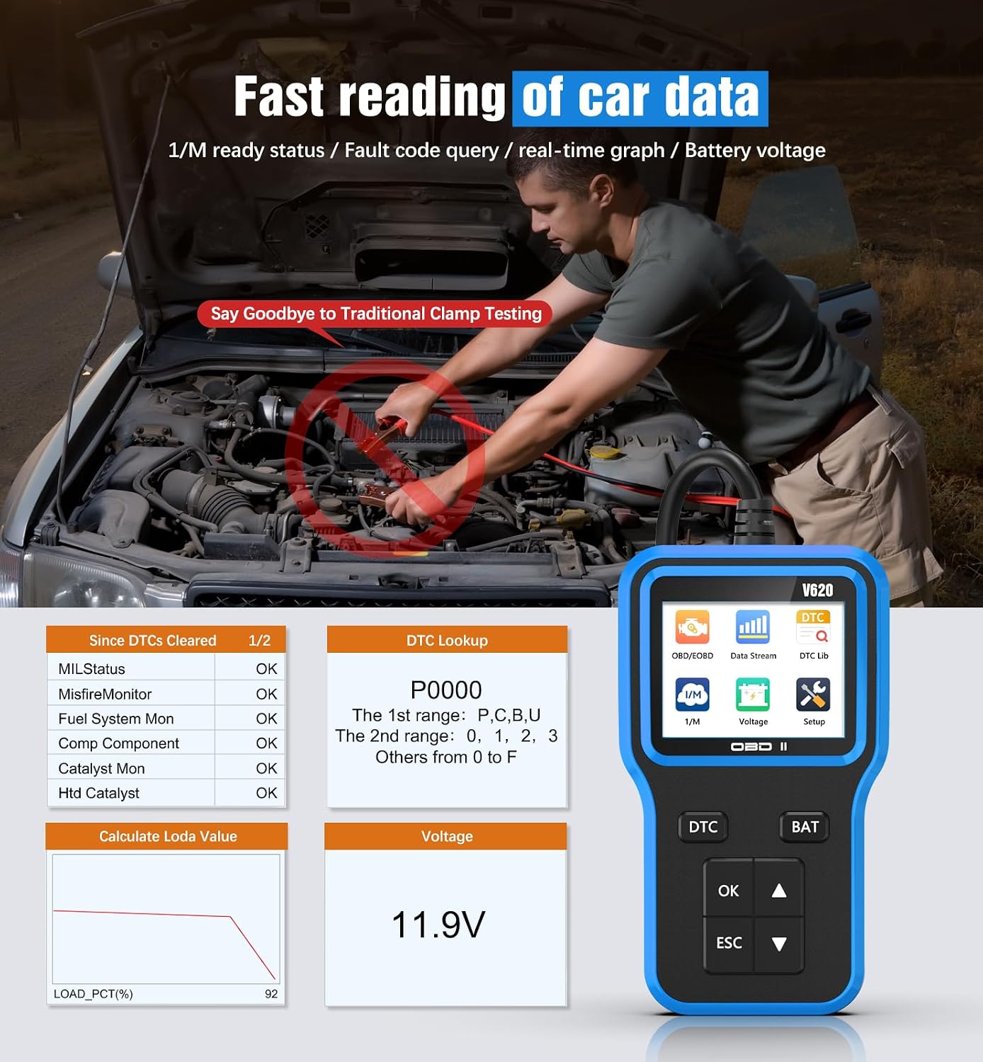 UMEIJA OBD2 Scanner with Upgrade Battery Tester - Diagnostic Tool for Cars That Check Engine Light & Emissions Readiness Read and Clears Vehicle Error Codes for All OBD II Protocol Vehicles Since 1996