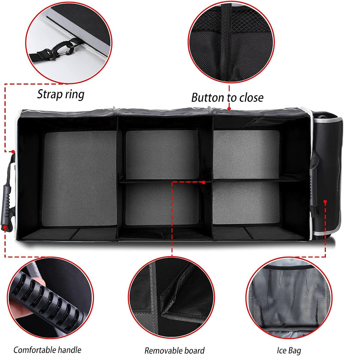 Homeve Car Trunk Organizer for SUV, 18.5Gal Large Capacity No-Sag Heavy Duty, Foldable Waterproof Anti-Slip Storage with 12 Pockets, Fit Sedan,Truck, Universal Car Accessories, Black, Large, 2 Compart