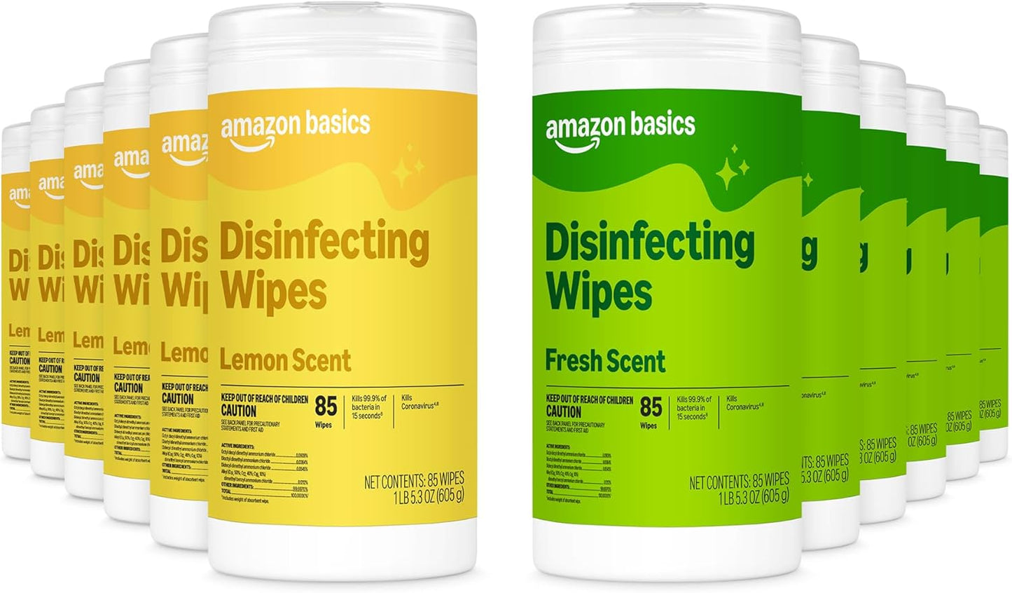 Amazon Basics Disinfecting Wipes, Lemon & Fresh Scent, Sanitizes, Cleans, Disinfects, Deodorizes, 340 Count (4 Packs of 85), Packaging May Vary