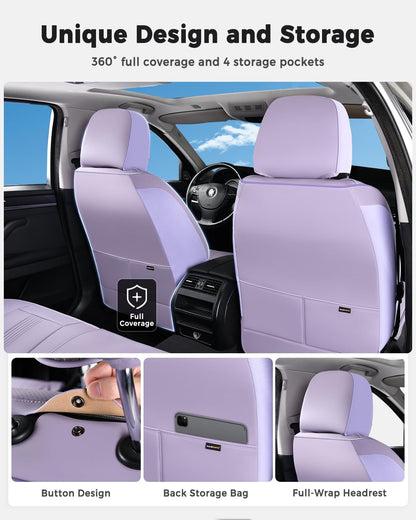 Huidasource Coffee Seat Covers Full Set, Universal Fit for Most Cars Trucks SUV, Full Coverage Leather Seat Cover, Airbag, Cupholder Compatible, Velcro Adjustable, Heaating/Cooling Function Retain