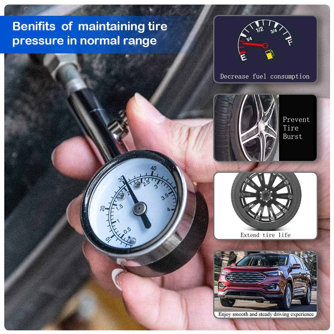 CZC AUTO Heavy Duty Tire Pressure Gauge Reader Checker 0-60PSI, ANSI B40.1 Accurate Mechanical Air Gage, Chrome Plated Single Chuck Dial Wheel Pressure Tester for Motorcycle Bike Car RV Bicycle