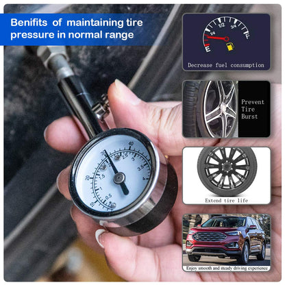CZC AUTO Heavy Duty Tire Pressure Gauge Reader Checker 0-60PSI, ANSI B40.1 Accurate Mechanical Air Gage, Chrome Plated Single Chuck Dial Wheel Pressure Tester for Motorcycle Bike Car RV Bicycle