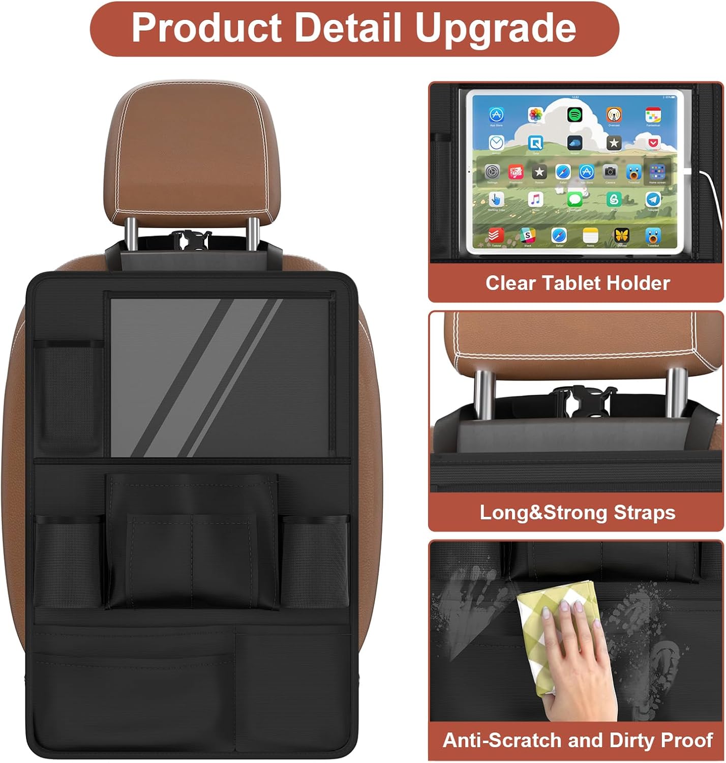 Car Backseat Organizer with table Tray(1Pack) 9 Storage Pockets Backseat Car Organizer with Tablet Holder, Back seat Organizer for Kids Road Trip Essentials Travel