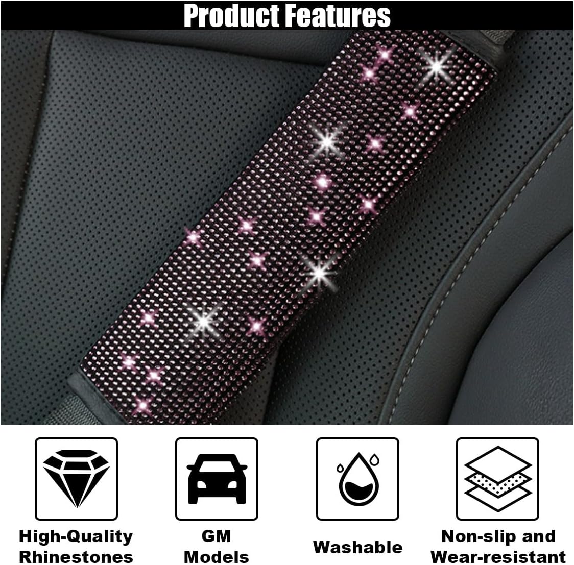 GLSOWEE 2PCS Bling Car Seat Belt Shoulder Pads, Bling Rhinestones Seat Belt Covers for Women, Car Seatbelt Strap Pad with Crystal Diamond, Car Interior Accessories for Car SUV (Black Diamond)