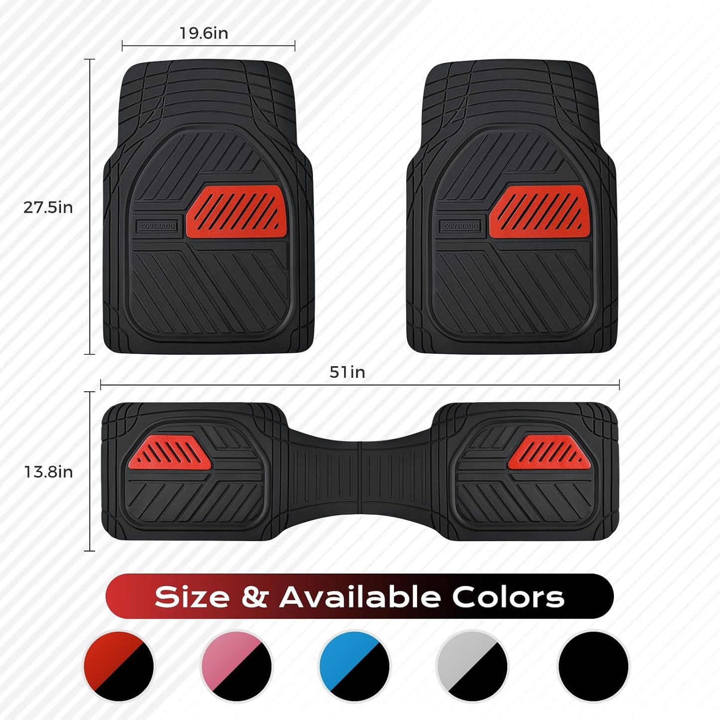 Coverado Car Floor Mats All Weather Waterproof Deep Dish Anti-Slip Car Mats Set, Heavy Duty Rubber Floor Mats for Cars, Universal Trim to Fit Automotive Floor Mats for Cars Trucks SUV, Black&Red