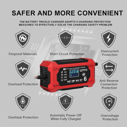 Corebox Battery Charger 6-Amp 12V Automatic Smart Battery Trickle Charger, Battery Maintainer Desulfator with Temperature Compensation for Car Truck Motorcycle Lawn Mower Marine