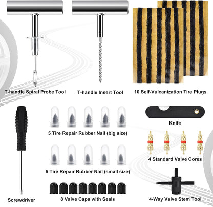 Tire Repair Kit with Tire Plug & Rubber Nail Solutions, Tire Screw Plug Kit with Screwdriver, Professional Heavy Duty Emergency Flat Tire Repair for Car, Truck, Motorcycle, Tractor, Mower, Wheelbarrow
