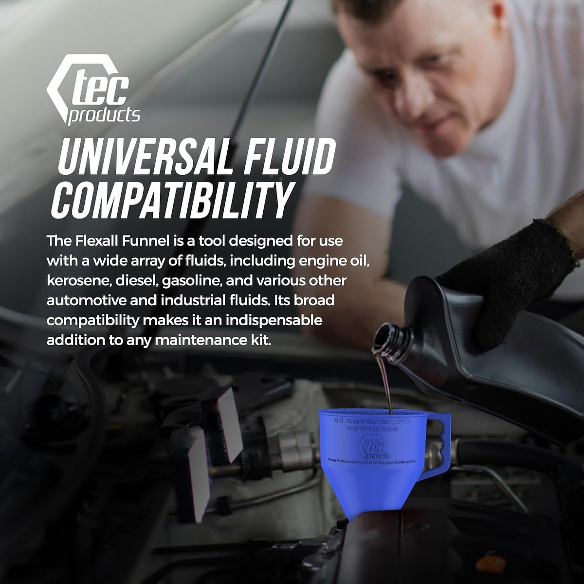 TEC Products FlexAll Long Flexible Funnels - Automotive Oil Funnel with Hose, Durable Nitrile Rubber for Oil Change, Transmission Funnel Fluid, Diesel, Fuel, Gas - Made in USA - Red (16 x 5 Inches)